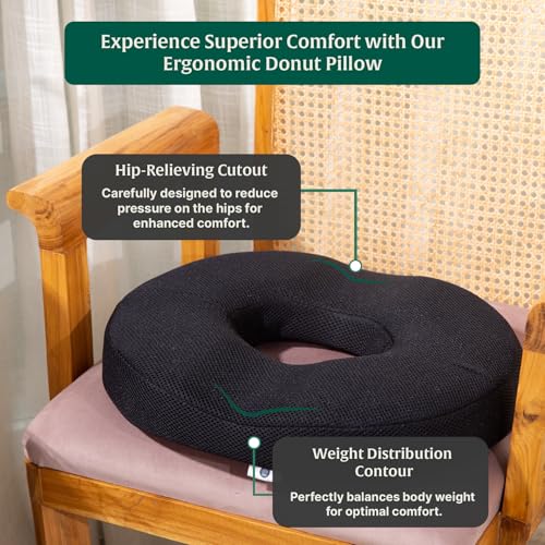 Image of The White Willow Donut Pillow - Medium Firm HR Memory Foam Coccyx Seat Cushion for Tailbone, Hemorrhoid & Piles Pain Relief - Car & Office Chair - Above 60KG - Classic Black