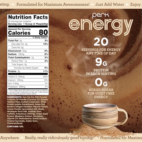 Image of Perk Energy Drink Mix (Brown Sugar Latte) 20 Servings, Gluten-Free | Caffeinated Healthy Coffee Alternative with Protein, 100mg of Caffeine, Soy-Free, Peanut-Free