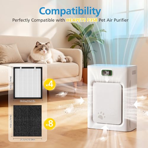 Image of P358 Replacement Filter Compatible with HEAPETS P358 Pet Air Purifier, HEPA Air Filter for Pet Hair, Dander & Odor, Includes 8 Pre-Filters + 4 Combo HEPA & Carbon Filters