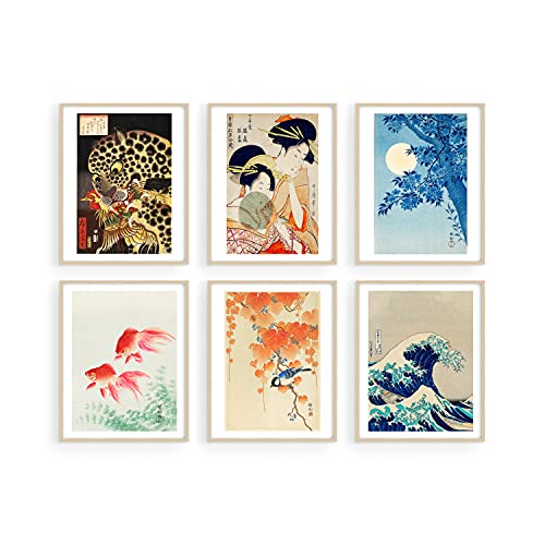 Haus and Hues Asian Art Prints Japanese Wall Decor - Set of 6 Japanese Wall Art Japanese Posters Japanese Asian Decor | Hokusai Paintings, Waves Poster, Japanese Pictures for Wall UNFRAMED (8x10)