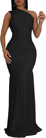 Ekaliy Womens One Shoulder Dress Sleeveless Mesh Ruched Bodycon Sexy Formal Cocktail Maxi Dresses