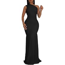 Ekaliy Women's One Shoulder Dress Sleeveless Mesh Ruched Bodycon Sexy Formal Cocktail Maxi Dresses
