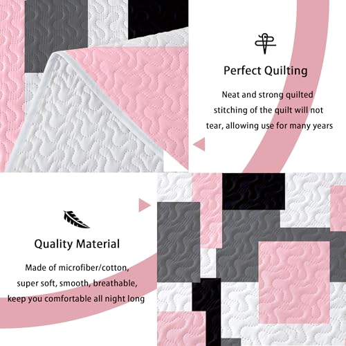 Image of Tyrot 3 Piece Pink Gray Quilt Full /Queen Size Black White Grey Bedding Set | Lightweight Bedspread, Geometric Coverlet with 2 Sham, Modern Abstract Soft Microfiber, Bed Cover for All Season, 90''x96''