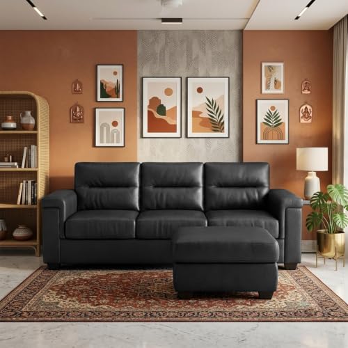 Image of FURNY Parker 3 Seater Sofa Set with Ottoman | Premium Suede Velvet Fabric Finish | Durable Comfort Sofa for Modern Living Room & Office Spaces (Black Leatherette)