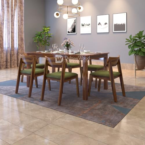 Image of DRIFTINGWOOD Liana Solid Sheesham Wood Dining Table 6 Seater | Wooden Six Seater Dinning Table with Green Cushion Chairs | Dinner Table 6 Seater | Dining Room Sets | Self Assembly Natural Finish