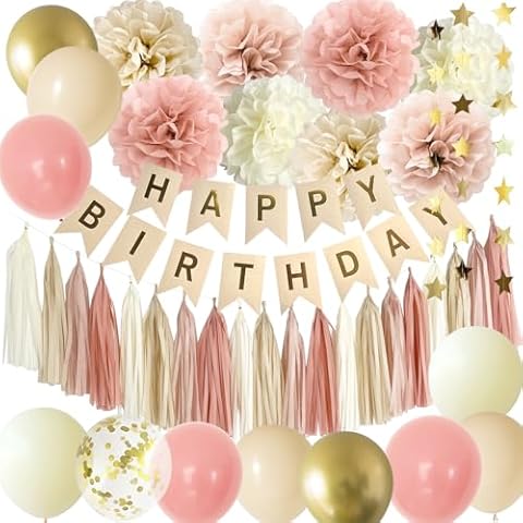 ANSOMO Boho Happy Birthday Party Decorations Retro Pink Dusty Rose Blush Nude Tan Ivory Banner Balloons Women Girls Cover