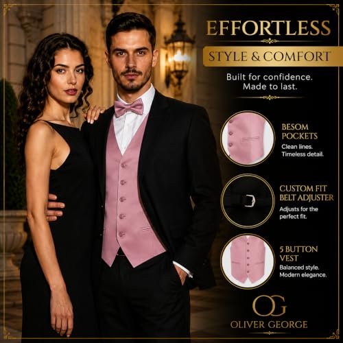 Image of Oliver George 4pc Men's Solid Formal Suit Waistcoat Tuxedo Dress Vest Necktie Bowtie Handkerchief Set for Suit or Tuxedo