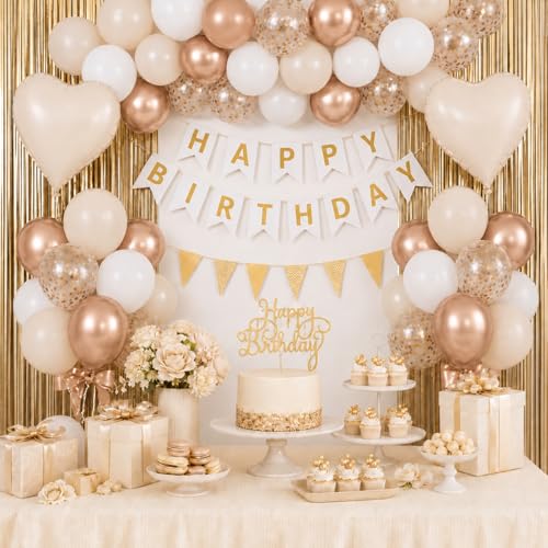 Image of White Sand Gold Birthday Decorations, Beige Cream Birthday Balloons Set