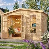 Gartenhaus Holz 6 m2 - H232 x 332 x 222 cm - Große multifunktionale Gartenhütte - Gerätehaus Holz Garten-Studio – Holzhaus Office im Garten - Schwarz bituminöse Schindeln - TIMBELA M334FB+H334FBBLACK