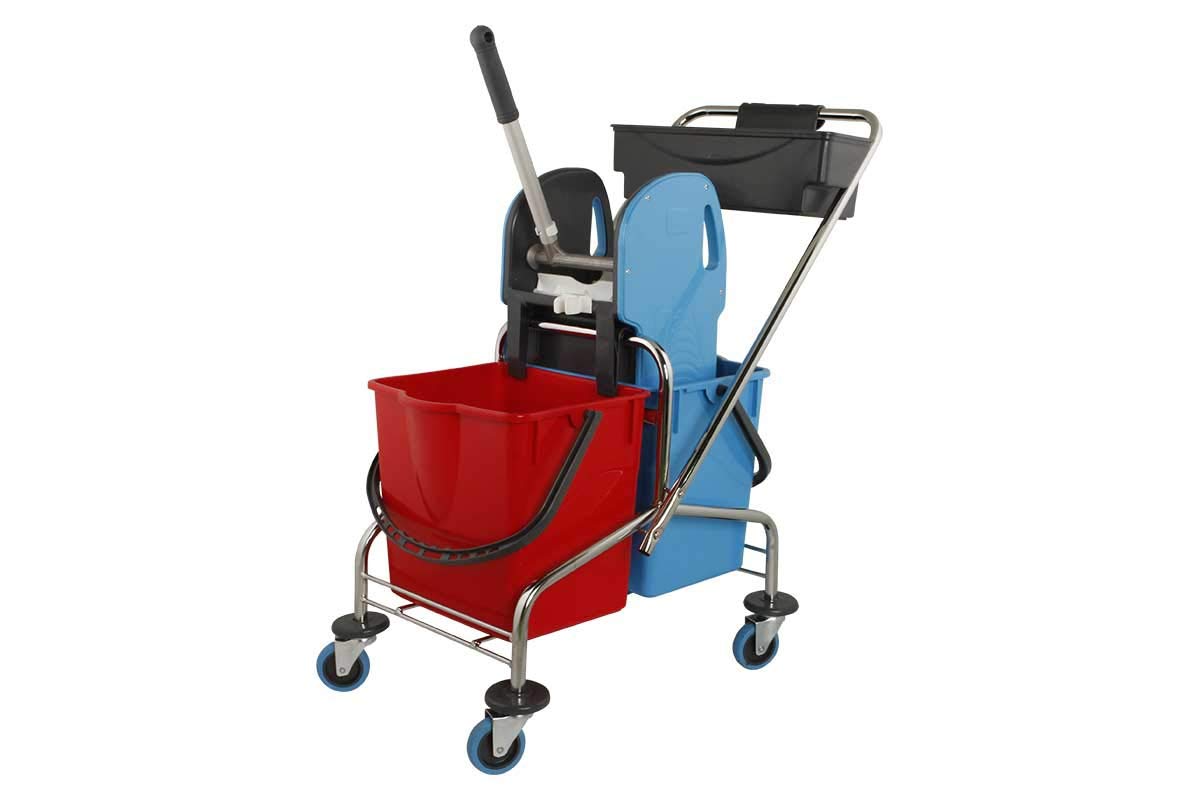 Set Mocio con Secchio e Strizzatore, Carrello Pulizia 2 x 17 l | Kit professionale 10 pezzi con carrello cromato, lavapavimenti 40 cm, 5 panni di ricambio e 2 flaconi di detergente