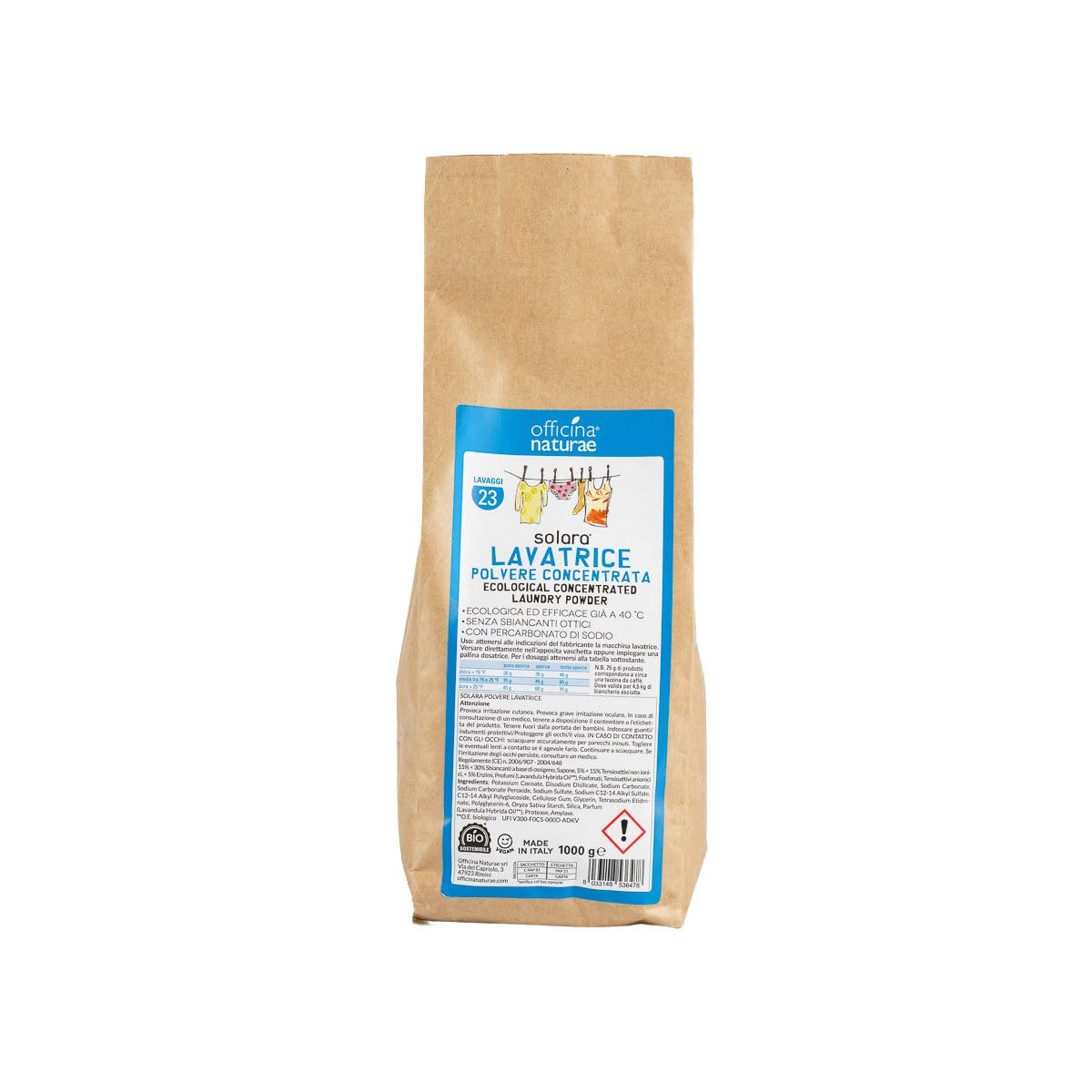 Officina Naturae | Solara Polvere Lavatrice con Percarbonato, per Lavaggi Superiori a 40°, Smacchia e Igienizza, 23 Lavaggi, Profumato di Olio Essenziale di Lavanda, 1 Kg