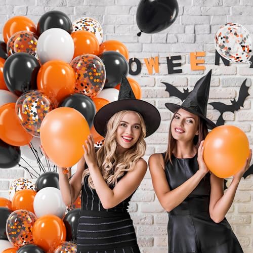 Image of 60pcs Orange and Black White Halloween Balloons, 12inch Black Orange White Latex Confetti Balloons for Ghost Halloween Birthday Party Decorations
