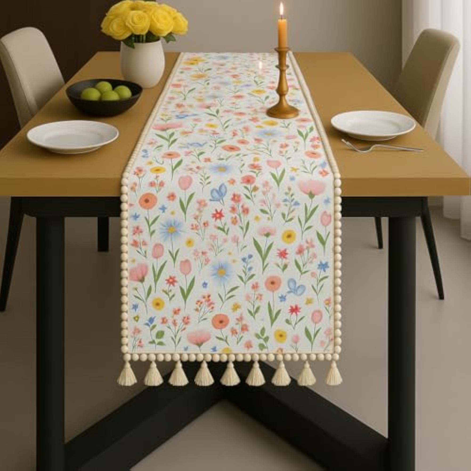 Spring Floral Bloom Tassel & Pom Pom Bedside Table Runner