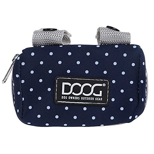 Image of DOOG Walkie Pouch, 20 Pre-Loaded Doggy Waste Bags, Easily Clips On Leashes, Keep Hands Free (Neoprene), Navy /Polka Dot