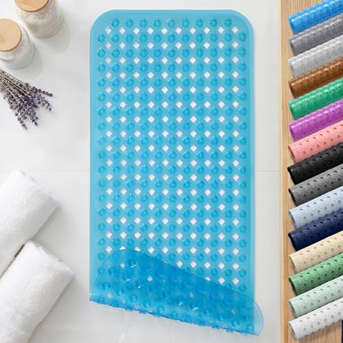 Yimobra Bathtub Mat Non Slip, 35'X16' Shower Mat with Strong Suction Cups & Drain Holes, Long Anti Slip Bath Tub Mat for Inside Shower, Machine Washable Fast Drying, Bathroom Essentials, Clear Blue