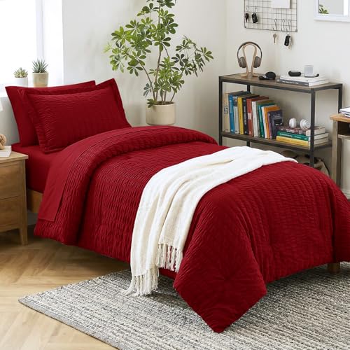Image of CozyLux Twin Comforter Set with Sheets 5 Pieces, Dark Red Seersucker Luxury Textured Bed in a Bag, Soft Bedding Sets with Down Alternative Comforter, Sheets, Pillowcase & Sham for All Seasons