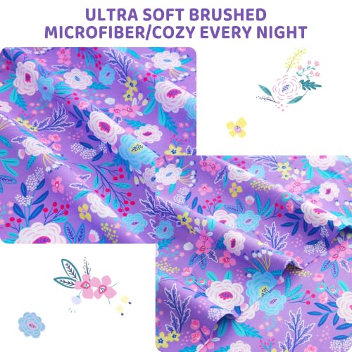 Image of Viviland 3 Pieces Girls Floral Twin Sheet Set - Soft Microfiber Fitted Flat Sheets & Pillowcase Bed Sheet Set - Purple Flowers Bedding Sets for Kids