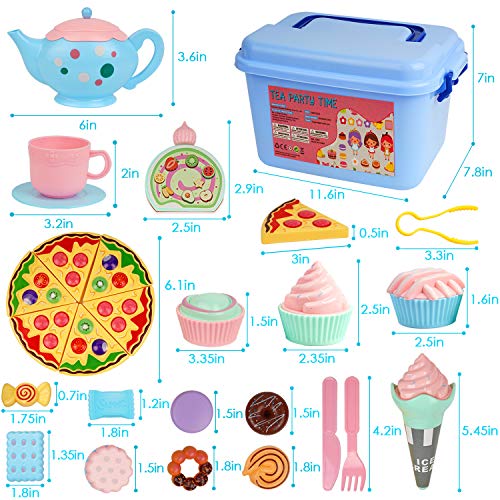 BGdoyz Kids Tea Set Princess Tea Time Toy, 74 Pieces Pretend Play Food Set Tea Party Playset Accessories, Including Plastic Teapots Teacups Cookies Cakes Donuts for Toddlers,Boys Girls