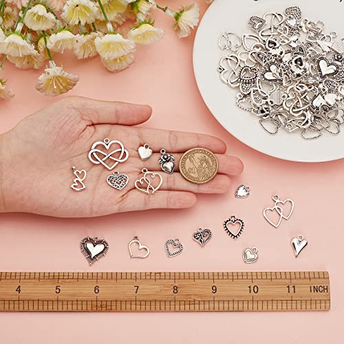 SUNNYCLUE 1 Box 90Pcs 15 Styles Valentines Day Antique Silver Heart Charms Hollow Love Charms Hearts Shaped Tibetan Style Romantic for Jewellery Making Wedding Gifts Handmade Crafts - Image 3