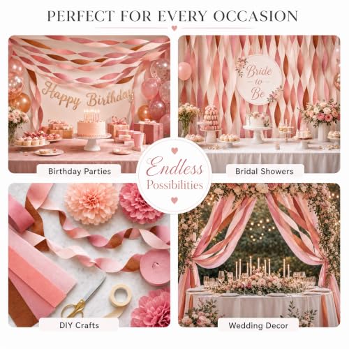 Image of 8 Rose Gold Streamers, 656ft Pack of Crepe Paper Party Decorations | Each roll is 82 ft long and 1.8 Inch wide ideal for Birthday Party Decor, Wedding Decorations and Bridal Showers