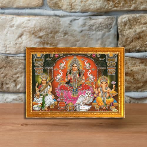 Image of CRAFT QUEST Lakshmi Devi with ganesh ji and saraswati mata Wall Painting Photo Frame for Diwali Pujan (Synthetic, Golden, Sparkle Finish, Small Size, 8 X 6 Inch)