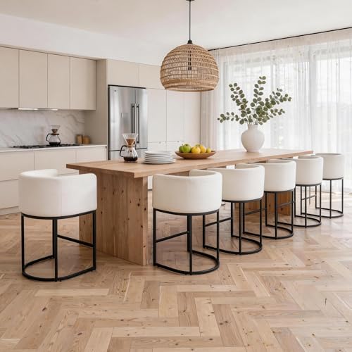 Image of 26 inch Counter Height Bar Stools Set of 6, Linen Fabric Upholstered Barrel Chairs with Back and Arms, Metal Frame Kitchen Island Stools with Footrest, Beige Fabric