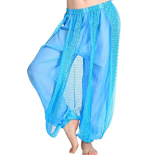 Leemiman Pantalones de disfraz de danza del vientre para mujer, pantalones de yoga con lentejuelas brillantes harén árabe para Halloween, pantalones negros, turquesa, L Cover