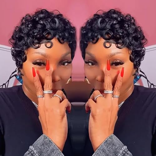 YJOQOKOA Short Curly Wigs for Black Women Human Hair Short Pixie Cut Wig Natural Black Human Hair Pixie Cut Curly Wig with Bangs Non Lace Front Full Machine Made Glueless Wigs 1B# Color