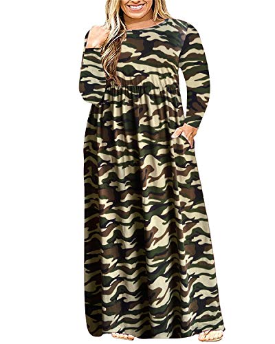 KARALIN Women s Long Sleeve Loose Plain Casual Plus Size Floral Print Maxi Dress with Pockets 26W,Floral Light Camouflage