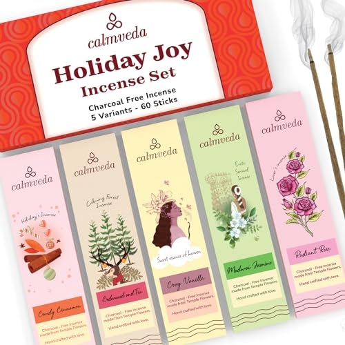 Calmveda Pack variedad Happy Home Incienso 5 Sabores   (60 piezas, 12 x 5) Perfumes estacionales reconfortantes como Pastel de Vainilla, Cedro Bálsamo, Rosa y Canela