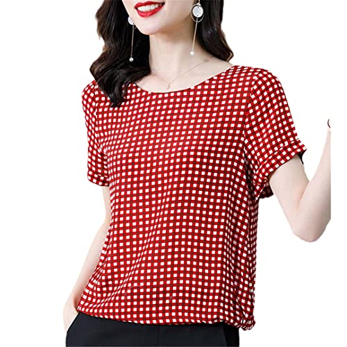 2022 verano 100% seda natural mujeres tops blusas cuello en V manga corta vintage cuadros suelta verdadera seda casual blusa mujer rojo XL
