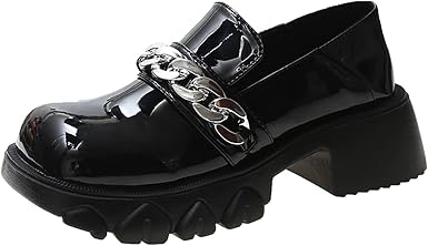 Amazon.com: Zapatos de cuero para mujer, zapatos de plataforma con cadena  de metal, zapatos casuales de tacón grueso, charol, zapatos de vestir :  Ropa, Zapatos y Joyería