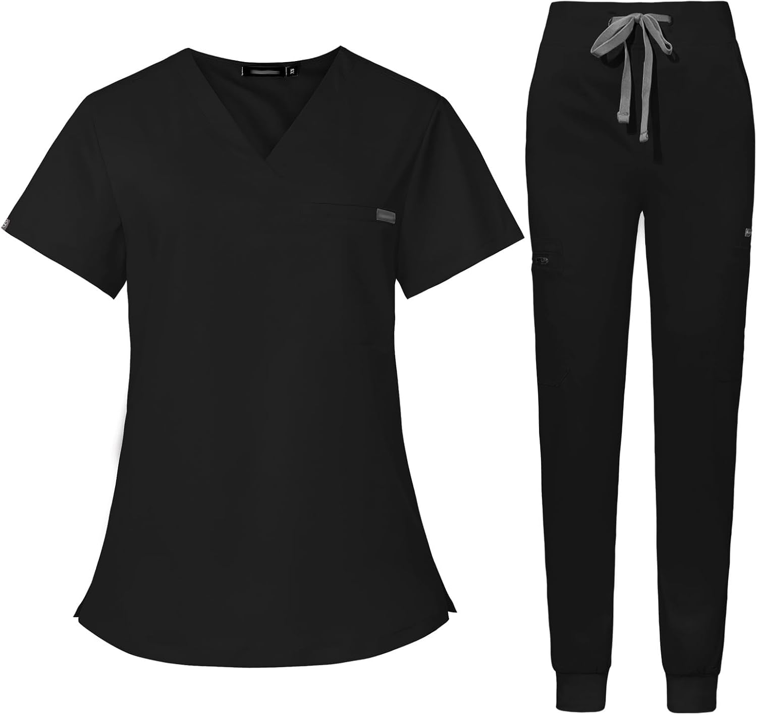 Meichoon Scrub Suit Set Solid Color Short Sleeve V Neck Top 1 Pocket Jogger Pants Adjustable Waist Medical Uniform DK87