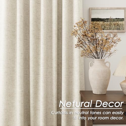 Image of Nanspring Beige 100% Blackout Linen Curtains 54 Inch Length for Bedroom Back Tab Thermal Insulated Country Farmhouse Decor Black Out Curtain for Living Room Dining Room Neutral Drapes 52x54, 2 Panels