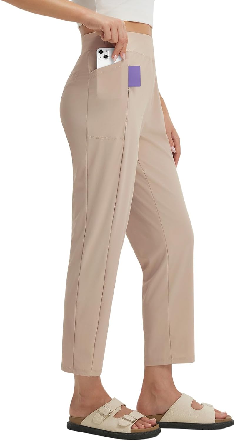 baleaf Women's Petite Casual Pants with 3 Pockets 25" Ankle Golf Pant Pull On Stretchy 7/8 Travel Work Slacks Khaki XS