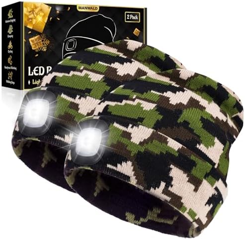 LED Beanie Hat with Light,USB Rechargeable LED Headlamp, Fathers Day Dad Gifts from Daughter Wife Son, Gifts for Men Him Husband, Camouflage,2PCS