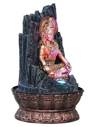 Image of Golden and Grey Polyresin Tabletop Lord Shiva Rock Finish Indoor Waterfall Fountain for Home Decor with Multicolour LED & Speed Control Pump (Size: 27 x 27 x 43 CM | Weight: 2060 Gram)