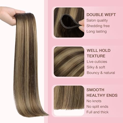 Image of GOO GOO Sew in Hair Extensions Real Human Hair, Weft Hair Extensions Human Hair, 4 /27 /4 Balayage Chocolate Brown to Caramel Blonde 14inch 100g, Weft Bundles Straight Silky Remy Hair