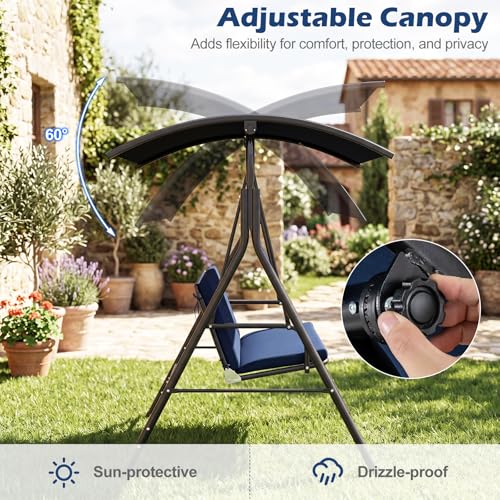 Image of Tangkula 2 Person Porch Swing, Outdoor Swing with Removable Cushions, Solid Metal Structure, Patio Swing with Adjustable Canopy for Garden, Backyard, Balcony, Poolside