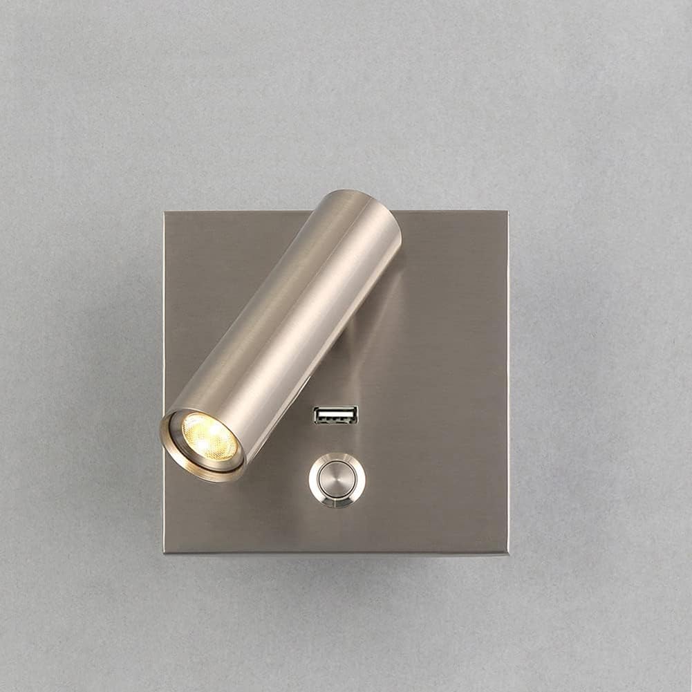 3W LED Wandleuchte mit Schalter und USB Ladeanschluss, Verstellbare Spotlicht Wand Leselampe Drehbar Innen Wandbeleuchtung Verchromt Quadratisch Nachttischlampe für Schlafzimmer, Flur