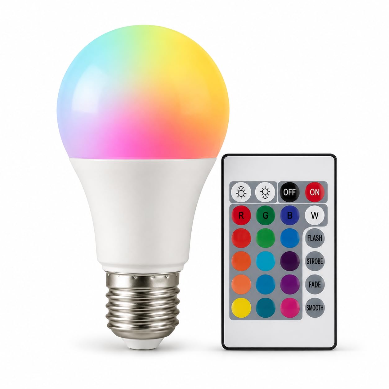 RGB LED Light Bulb E27, 16 Colour Changing Dimmable Bulb with 24-Key Remote Control, White Light & 4 Dynamic Modes, 220V Mood Lamp for Bedroom, Living Room, Gaming, Party & Home Lighting