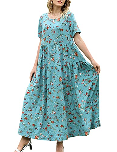 YESNO Women Casual Loose Bohemian Floral Dress with Pockets Short Sleeve Long Maxi Summer Beach Swing Dress (L EJF CR14)