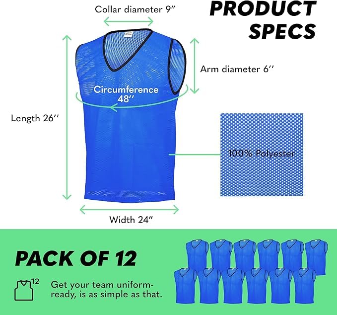 Image of GSi Sports Pinnies - Packs of 6 or 12 - Free Size - Mesh Training Vests for Soccer, Basketball - 6 Color Options