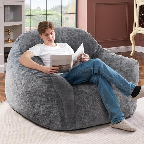 Image of Homguava Giant Bean Bag Chairs for Adults,Large Bean Bag Couch with Arms | Big Beanbag Chair with Memory Foam Filled,Oversized Bean Bag Sofa,Faux Fur Floor Sofa Chair for Bedroom Living Room-Grey