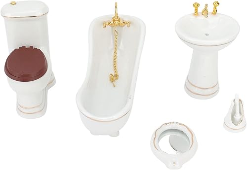 Miniatura 7 de 1:12 Juego de baño de casa de muñecas, juguetes de muebles en miniatura de cerámica retro blanca, juego de cepillo de espejo para lavabo de bañera
