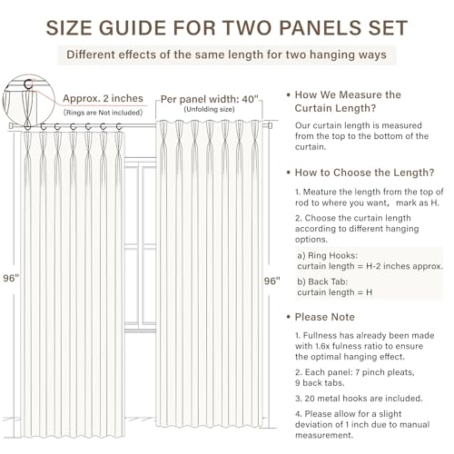 Pinch Pleated Blackout Curtains 96 Inches Long, Linen Blend, 100% Blackout Drapes with 20 Hooks, Ideal for Bedroom and Living Room, 40" W x 96" L (Pack of 2), Natural
