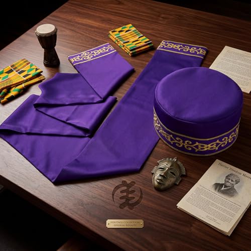Image of Jiuguva 2 Pcs African Hats for Men Pattern African Kente Kufi Hats and Stole Sash for Black History