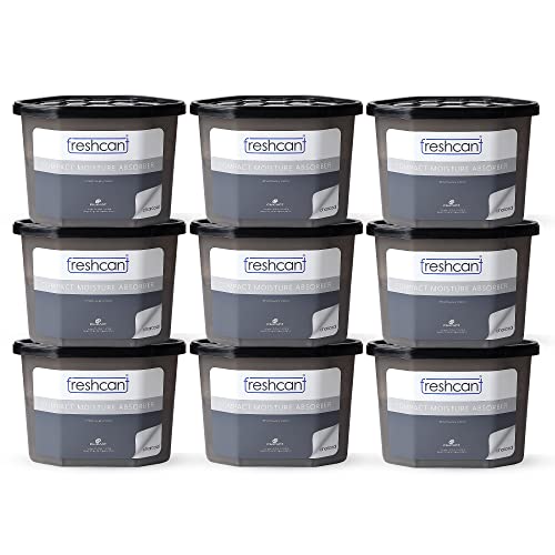 Image of freshcant Compact Moisture Absorber Refresh Every Place, Dehumidifier for Wardrobe /Closets, Storage Compartment, Kitchen Cabinets, Cupboard, Almirah, Shoe Rack, Bathroom Uses, Weight: 400 ml (Charcoal, Pack of 9)