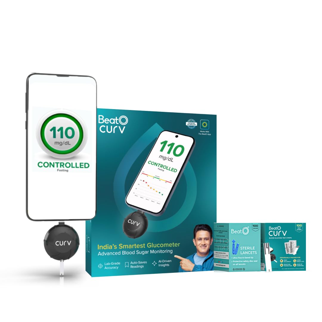 BeatO CURV Smartphone Connected Glucometer | Free 100 Glucometer Strips & 100 Glucometer Lancets | Sugar Testing Machine | Type-C USB Connector | Simple & Accurate Glucometer for Home | ISO Certified: Made in India