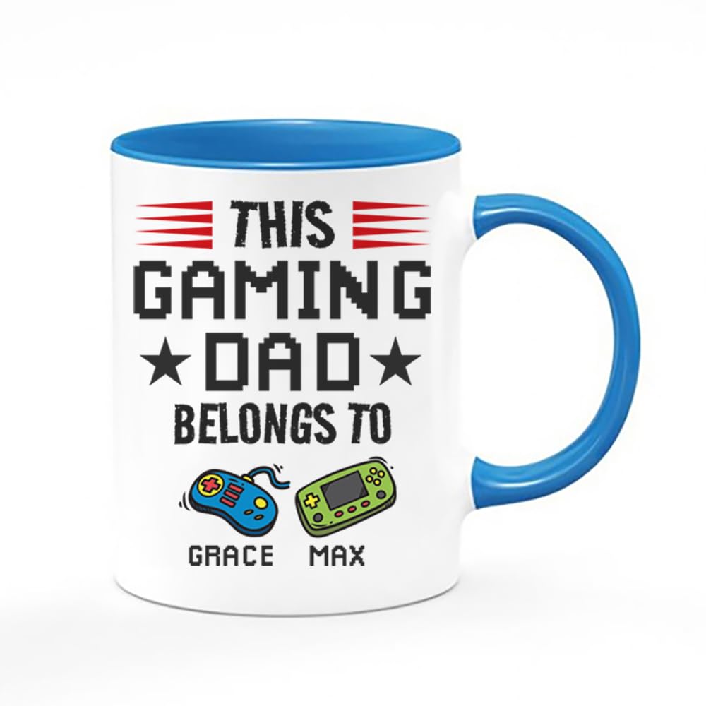 Personalised This Gaming Dad Belongs to, Gift for Fathers Day, Gamer Dad Gift, Inside Coloured Coffee, Tea Mug. (Blue)